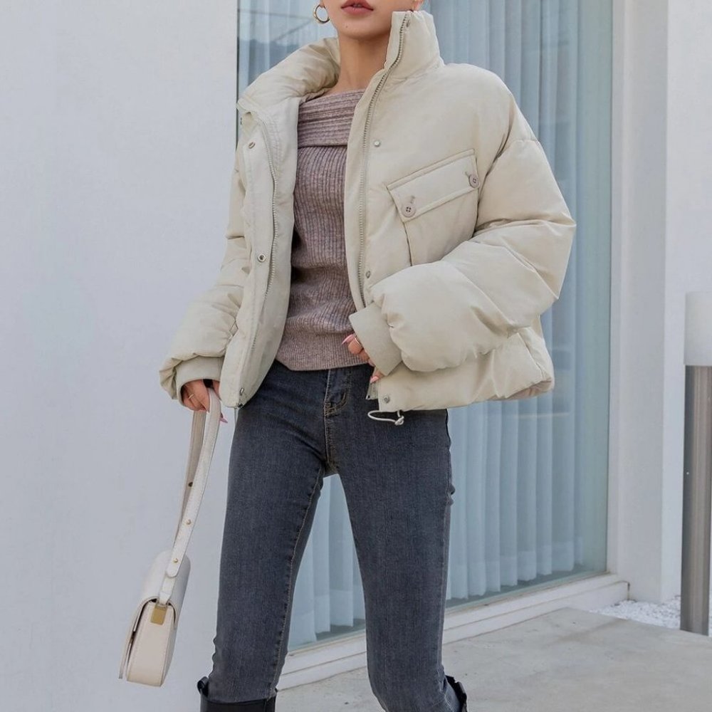 beige double flap pocket puffer jacket streetwear gorpcore classic - Picture 2 of 8